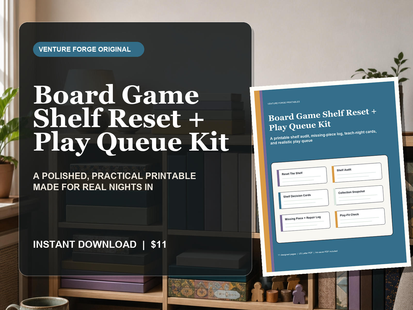 Board Game Shelf Reset and Play Queue Kit with shelf audit cards, collection tracker, missing-piece log, and teach-night prompts