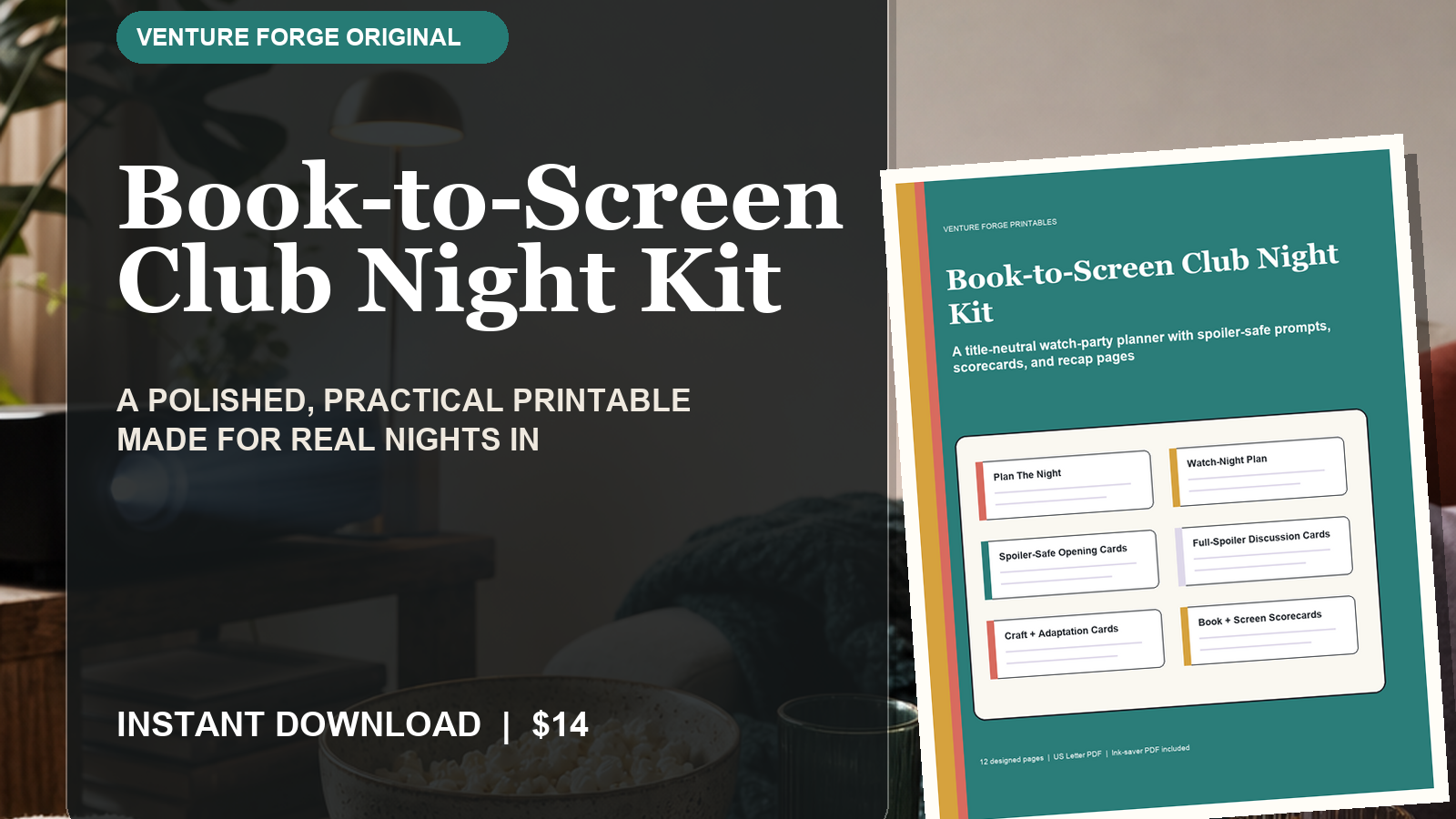 Book-to-Screen Club Night Kit with watch-night plan, spoiler-safe discussion cards, scorecards, and recap sheets