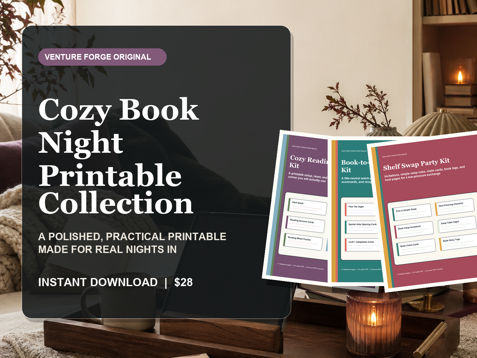 Cozy Book Night Printable Collection with reading nook, book-to-screen club night, and shelf swap party kits