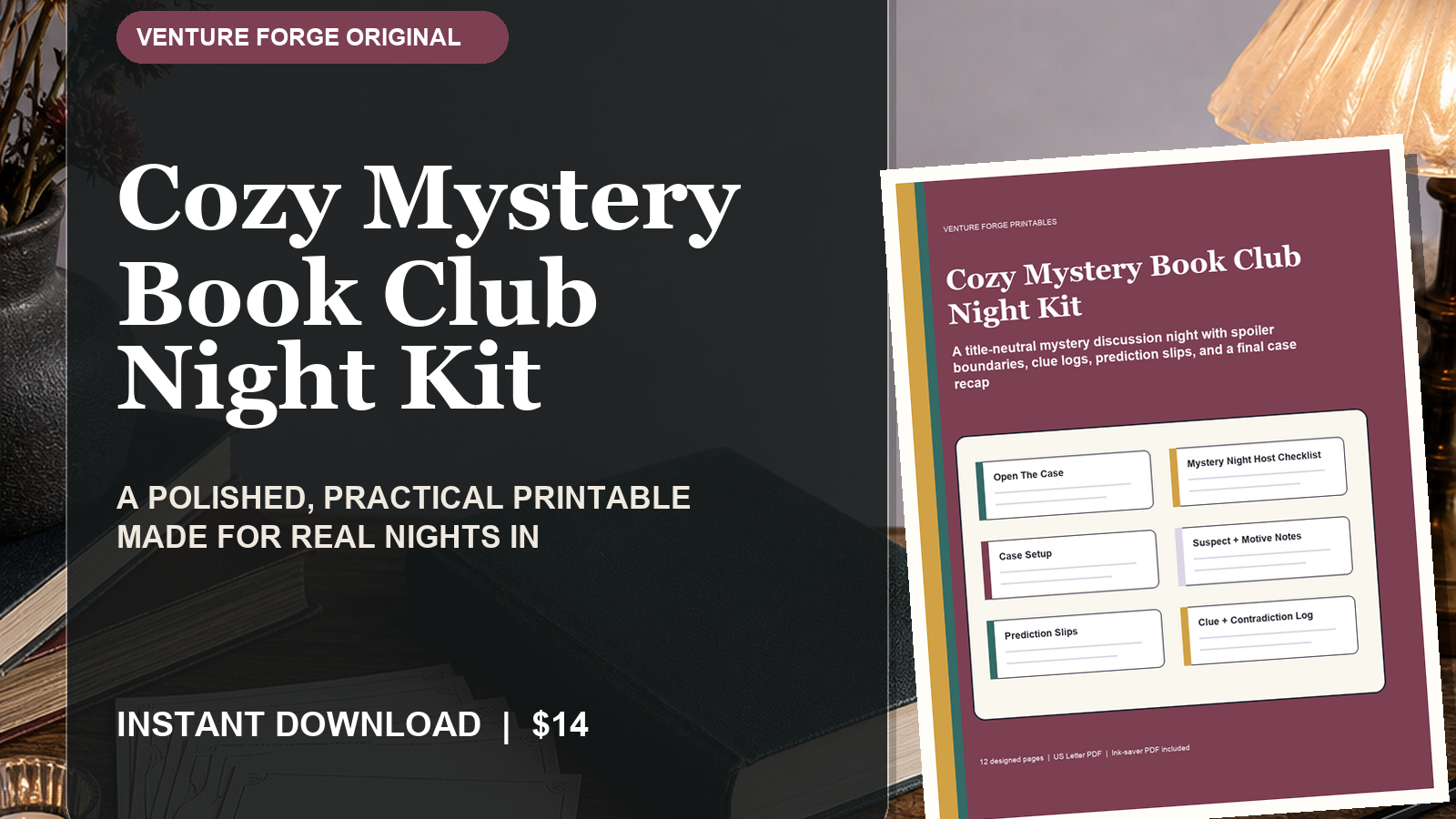 Cozy Mystery Book Club Night Kit with spoiler plan, clue log, suspect notes, predictions, and case recap