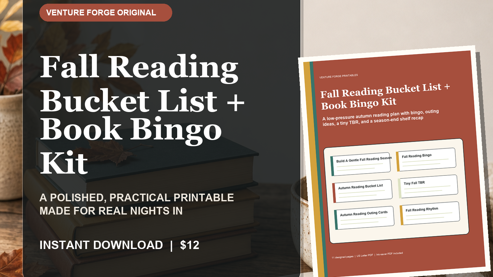 Fall Reading Bucket List and Book Bingo Kit with prompts, tiny TBR planner, bookmarks, outings, and recap