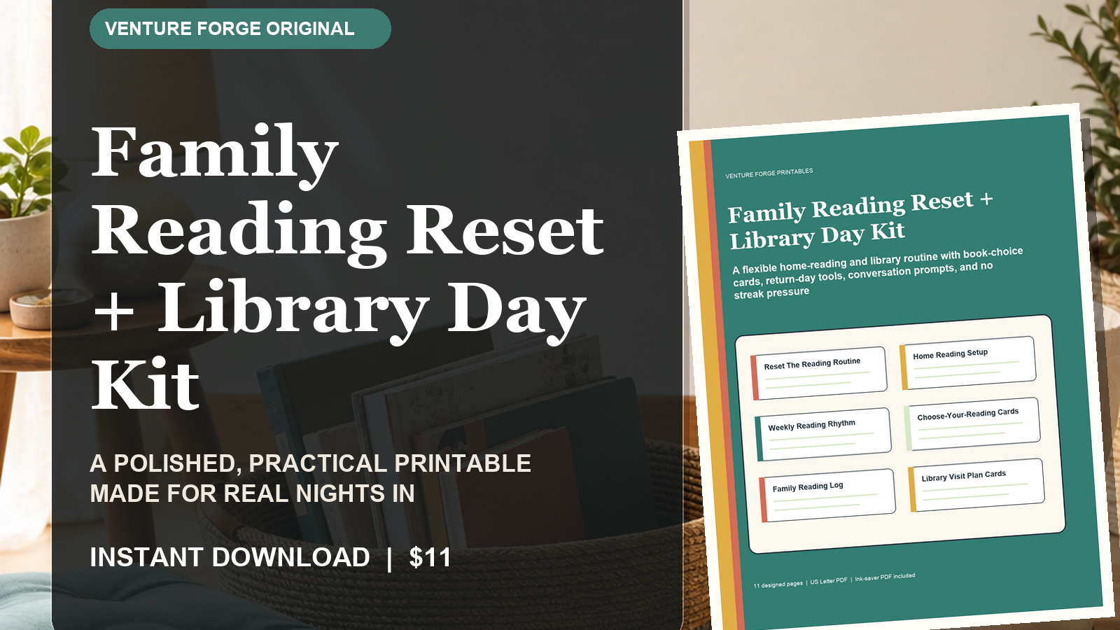 Family Reading Reset and Library Day Kit with home-reading setup, return checklist, choice cards, log, and bookmarks