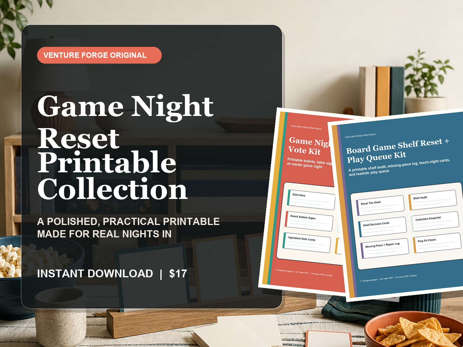 Game Night Reset Printable Collection with snack bar vote pages and a board-game shelf reset and play queue kit