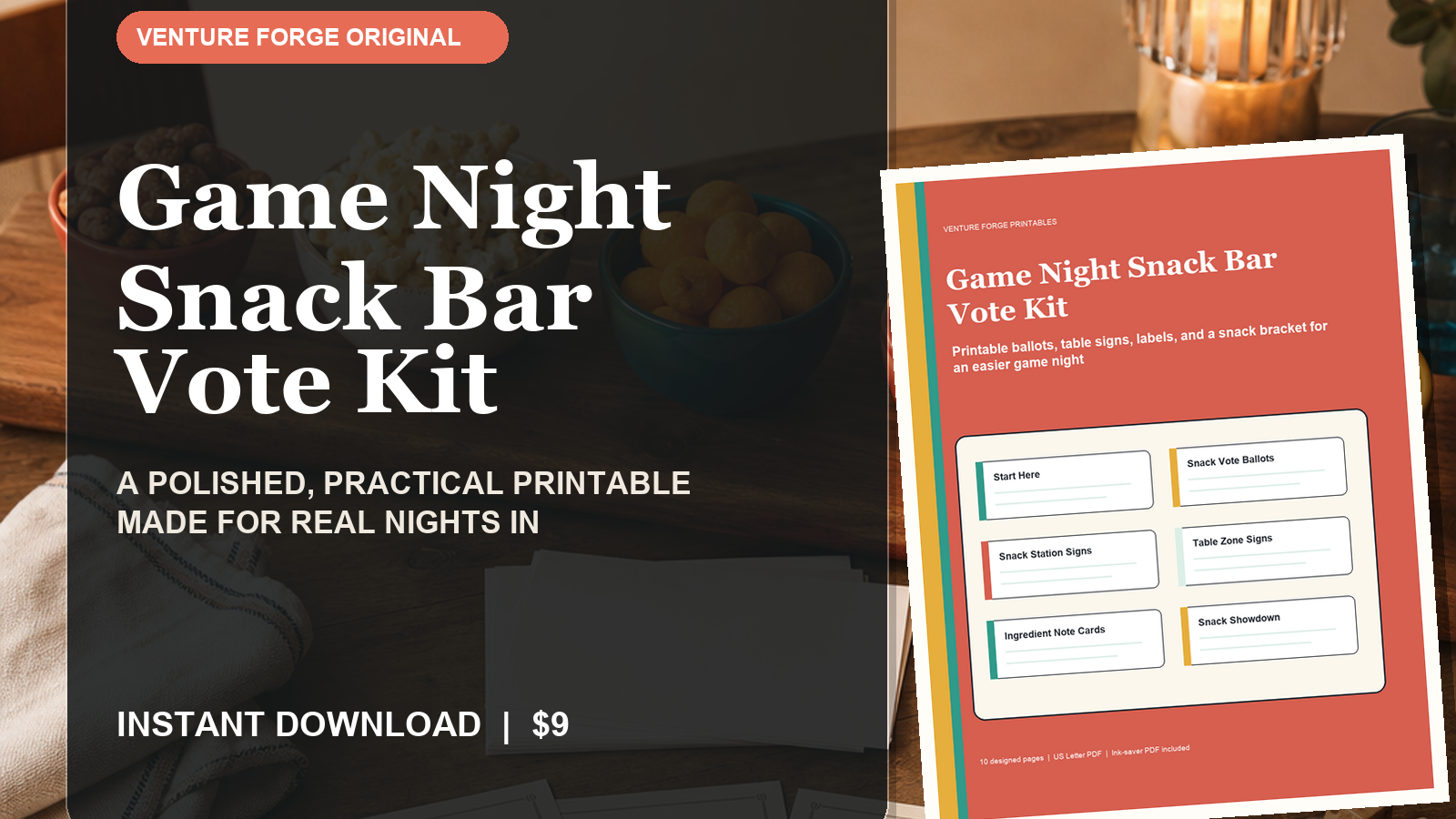 Game Night Snack Bar Vote Kit with snack ballots, table signs, labels, and a winners bracket