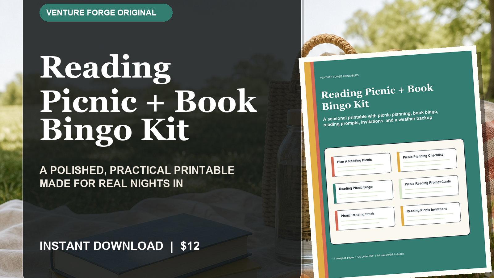 Reading Picnic and Book Bingo Kit with reading bingo, picnic checklist, prompts, invitations, and weather backup