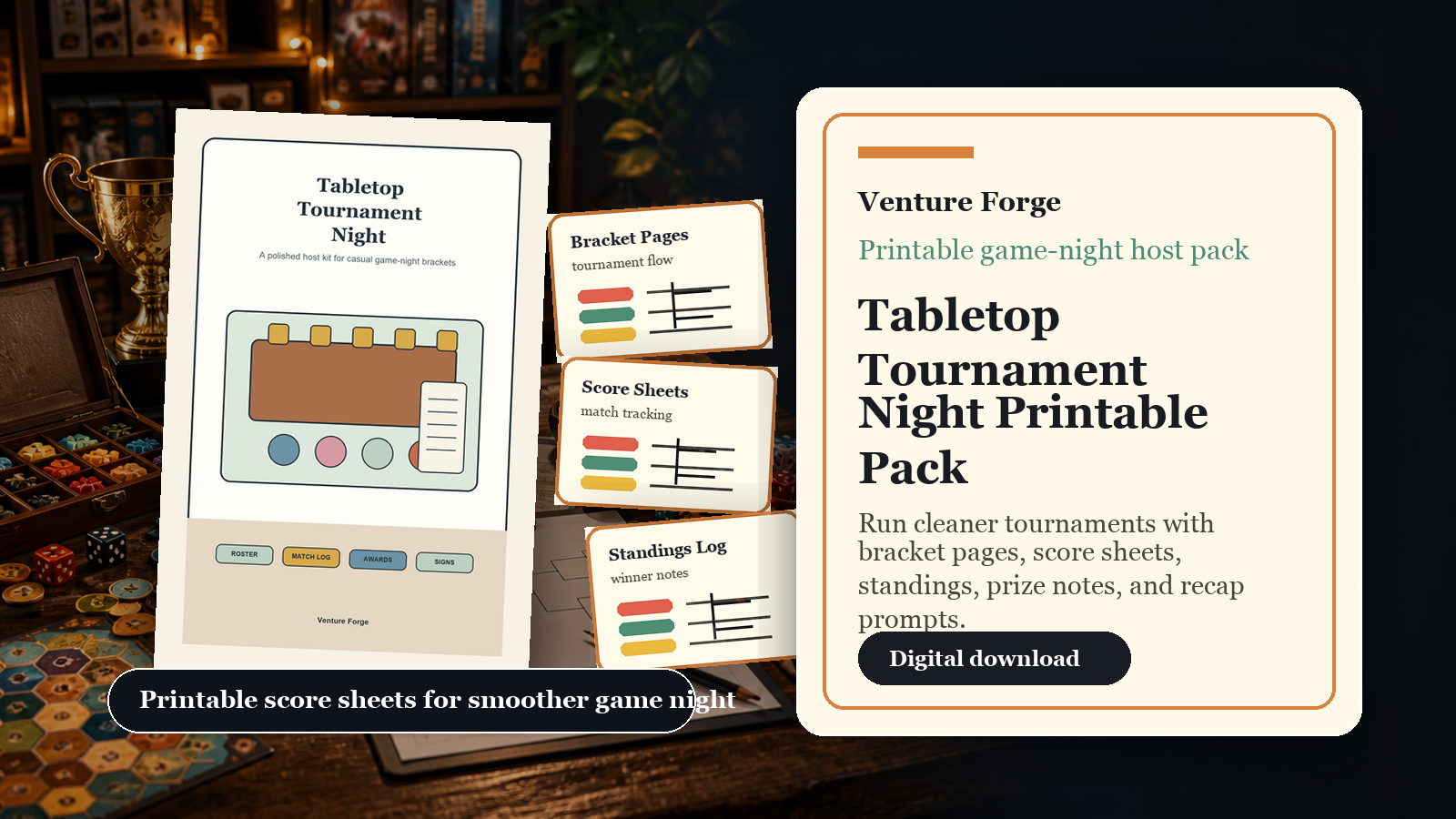 Tournament Night Host Bundle with tabletop score sheets and board game library tools