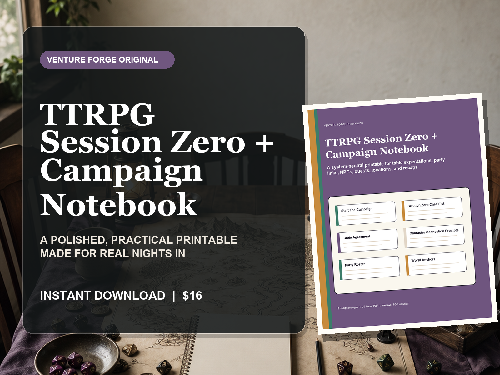 System-neutral TTRPG Session Zero and Campaign Notebook with party roster, quest log, NPC tracker, locations, and recap cards