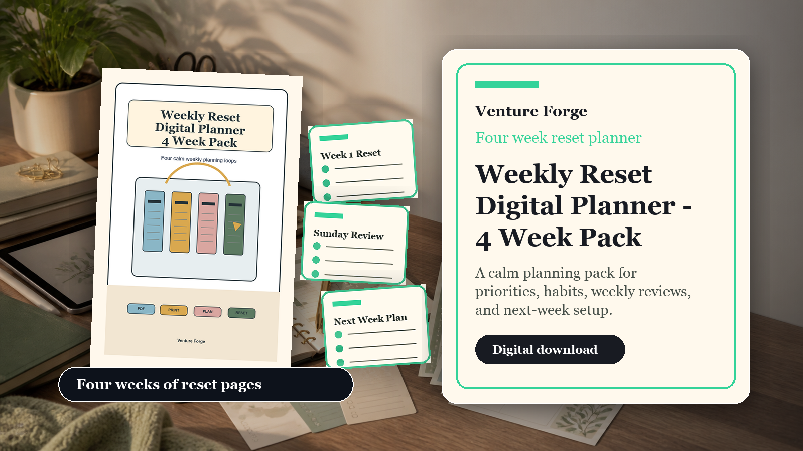 Digital pages from the Weekly Reset Digital Planner four week pack